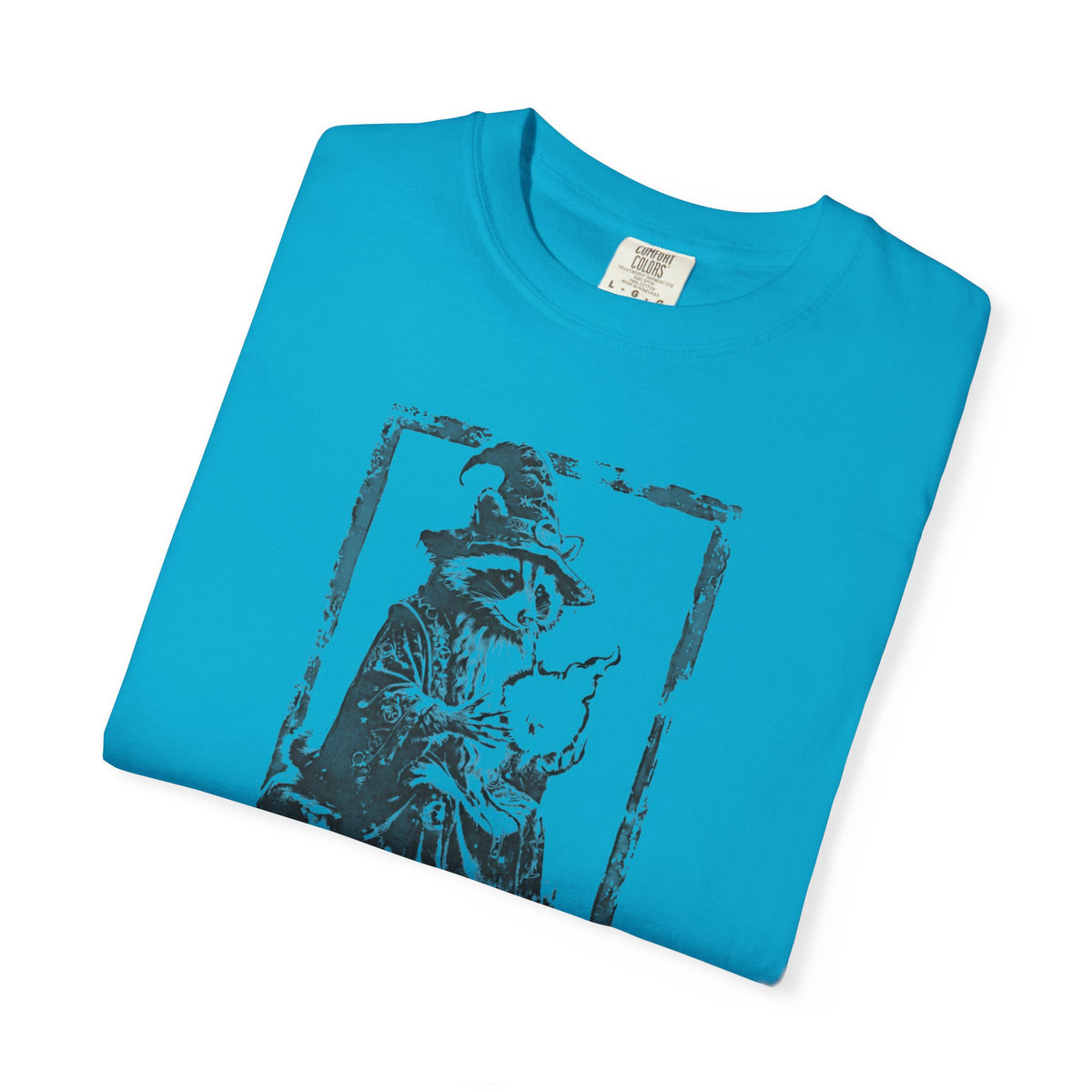 Funny wizard raccoon graphic tee in Sapphire, vintage engraving style with "You're a Wizard Harry" text