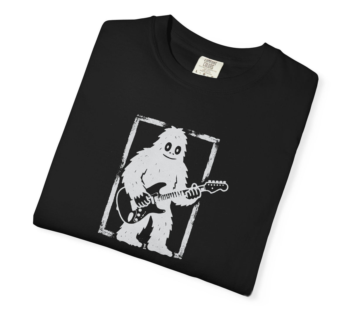 Black garment-dyed Bigfoot guitar graphic tee, heavyweight ring-spun cotton vintage band shirt