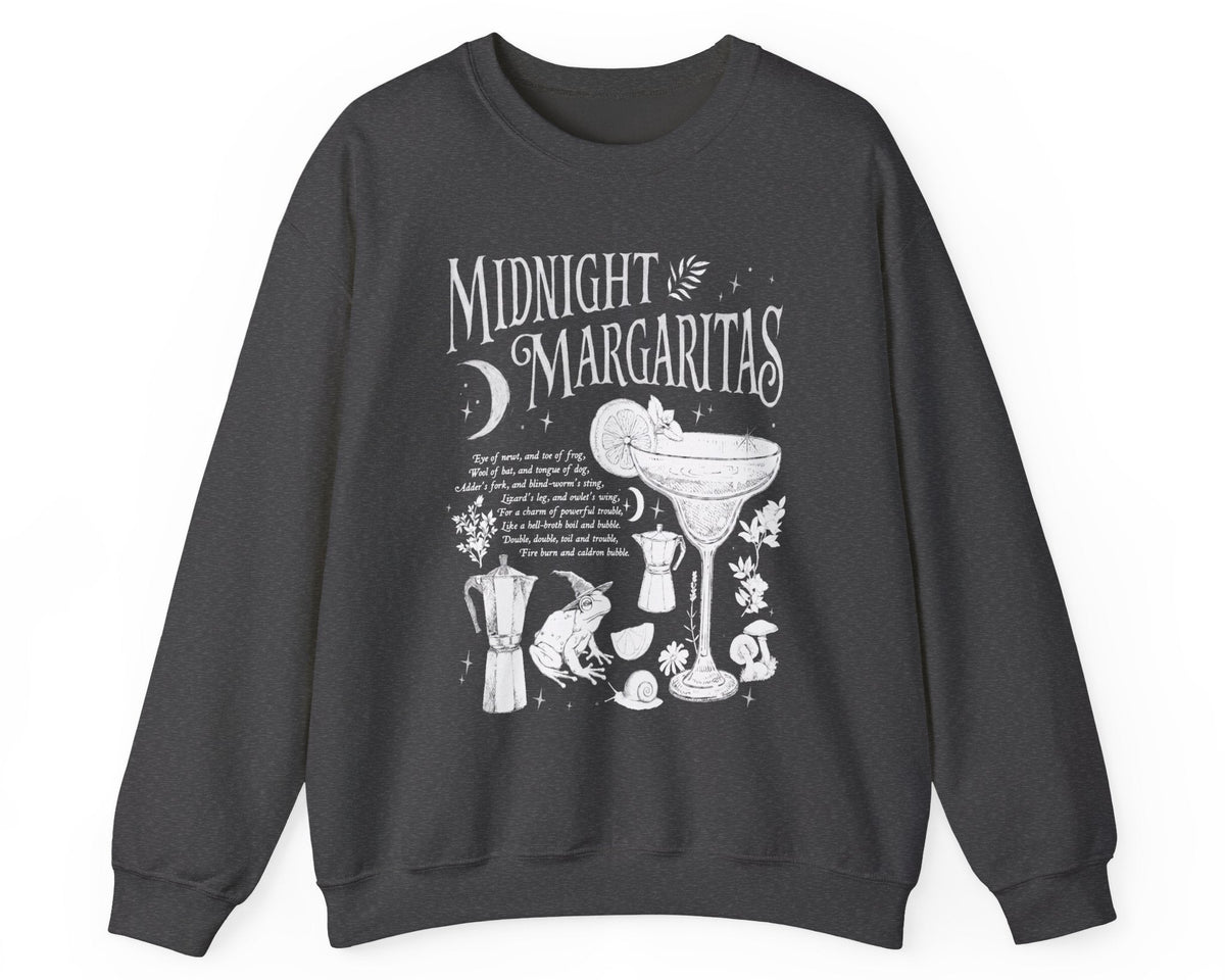 Midnight Margaritas crewneck sweatshirt in Black Heather — front cocktail graphic and occult cottagecore symbols on back, including COEXIST