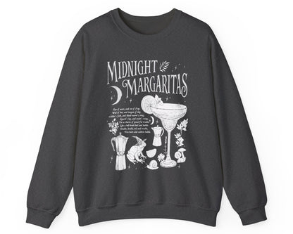 Midnight Margaritas crewneck sweatshirt in Black Heather — front cocktail graphic and occult cottagecore symbols on back, including COEXIST