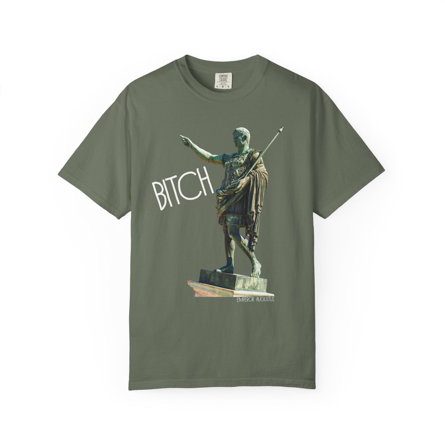 moss t-shirt with a graphic of a statue pointing and the word 'Bitch' on a white background