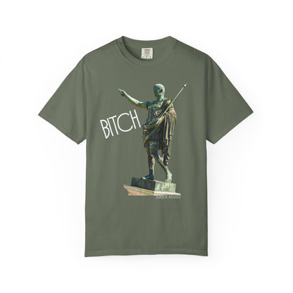 moss t-shirt with a graphic of a statue pointing and the word 'Bitch' on a white background