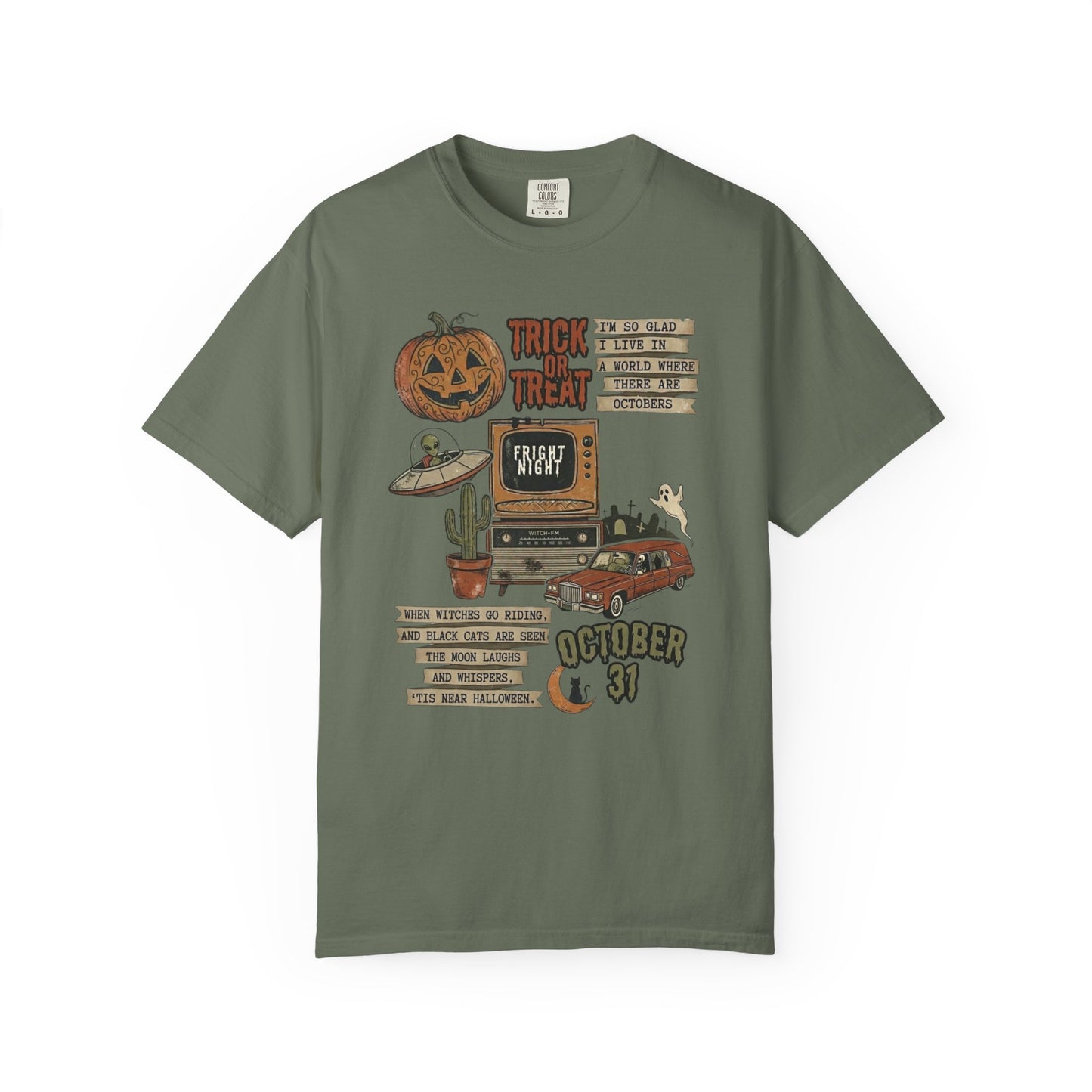 Halloween Retro Graphic T-Shirt in Moss — vintage trick or treat collage tee, garment dyed