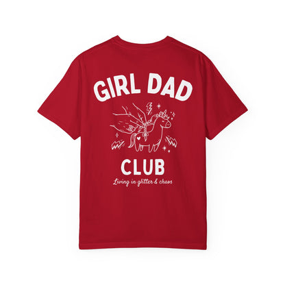 Girl Dad Club red t-shirt with graphic print on a plain background