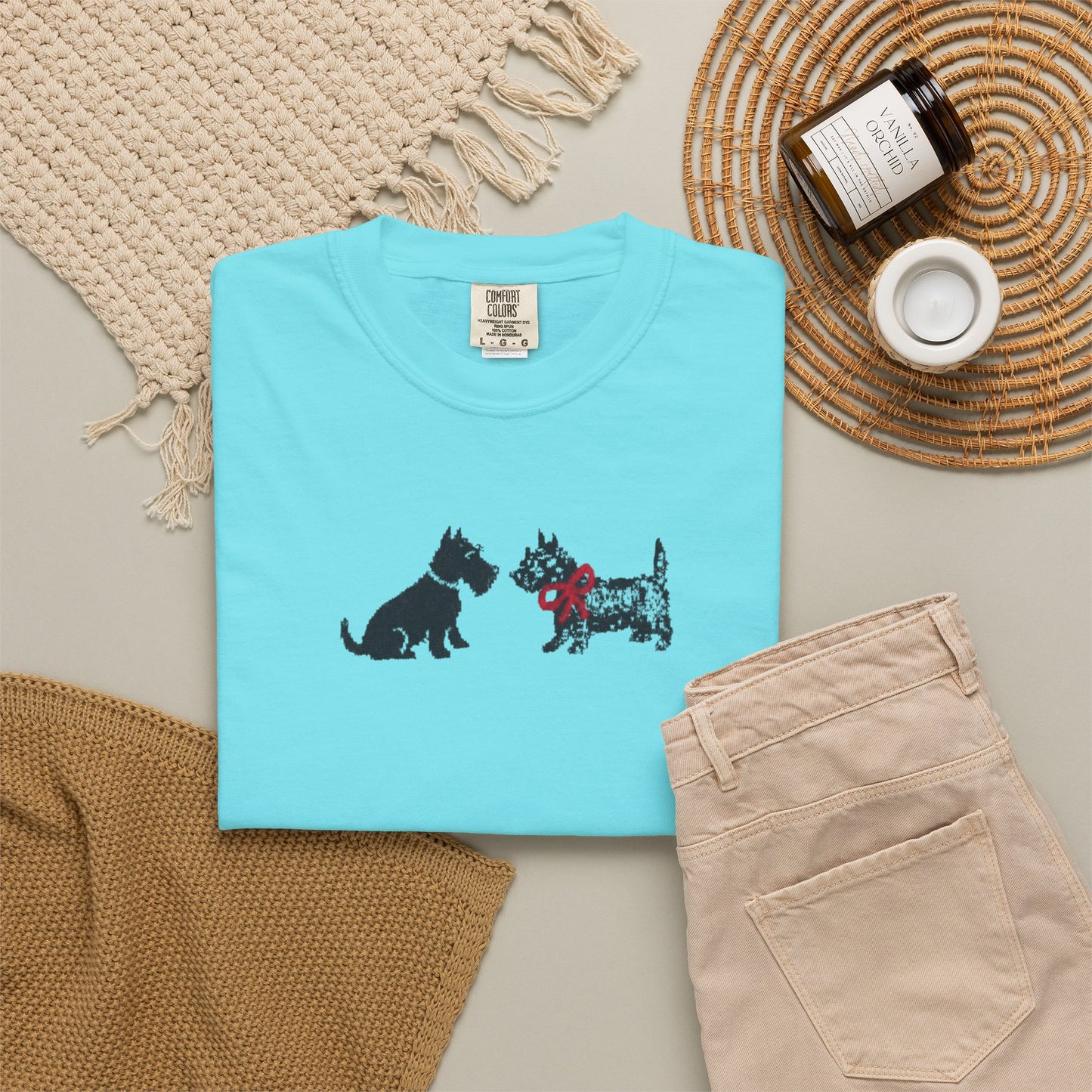 Scottie Dog Friends T-Shirt in Lagoon Blue — Comfort Colors garment-dyed tee with cute Scottish Terrier graphic, unisex relaxed fit