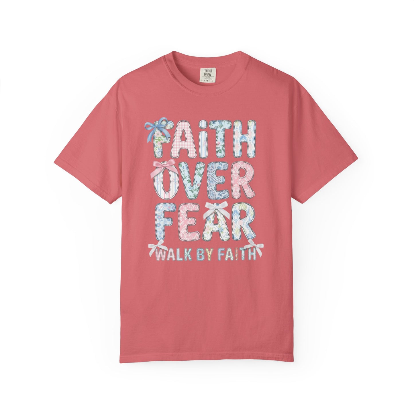 watermelon t-shirt with 'Faith Over Fear' text on a white background