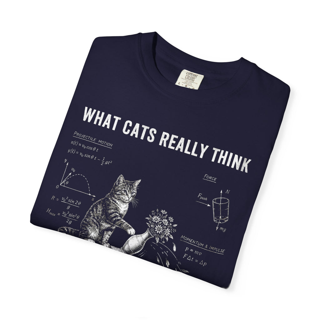 A folded True Navy graphic T-shirt with the text 'WHAT CATS REALLY THINK' and a white cat illustration with diagrams,