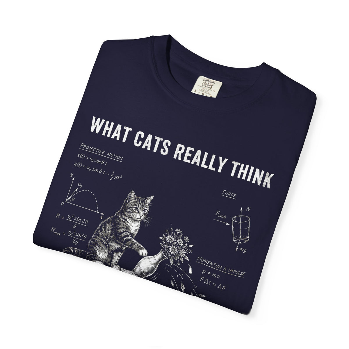 A folded True Navy graphic T-shirt with the text 'WHAT CATS REALLY THINK' and a white cat illustration with diagrams,