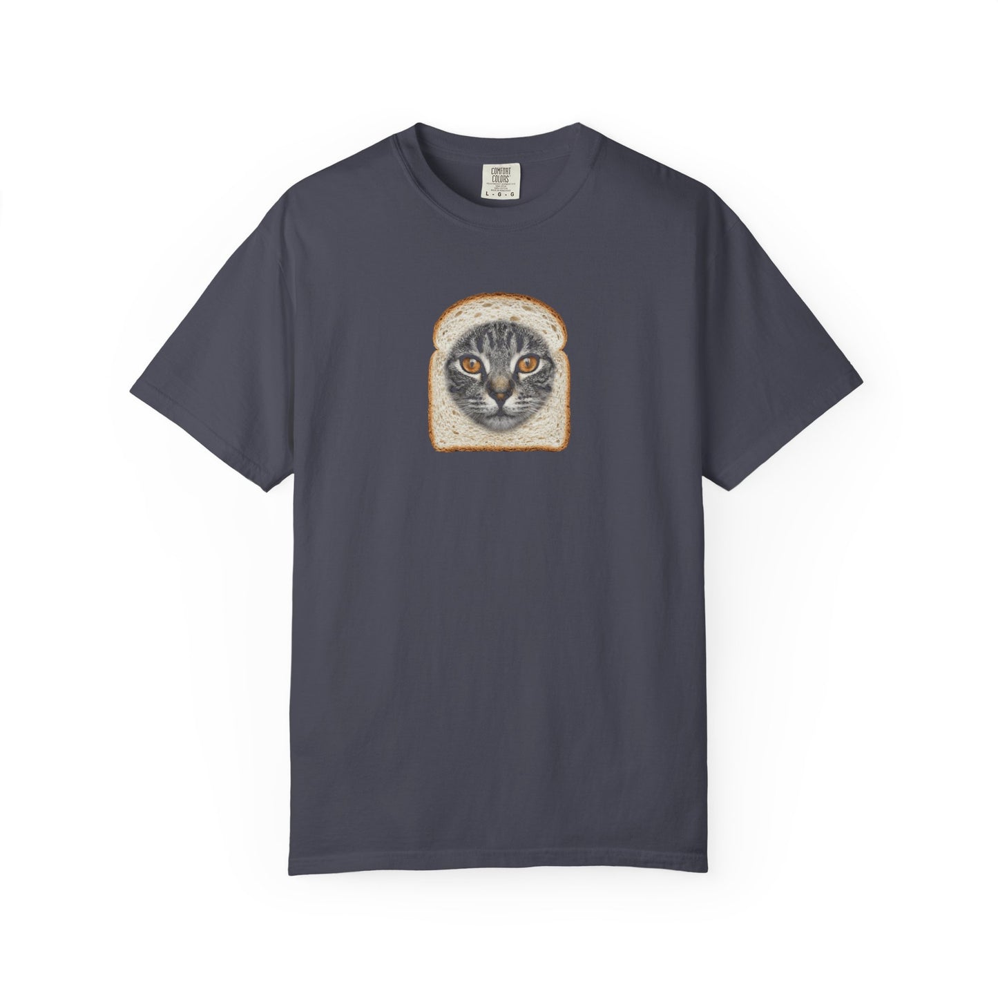 navy t-shirt with graphic of cat sticking out a bread loaf on a white background