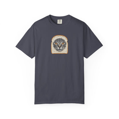 navy t-shirt with graphic of cat sticking out a bread loaf on a white background