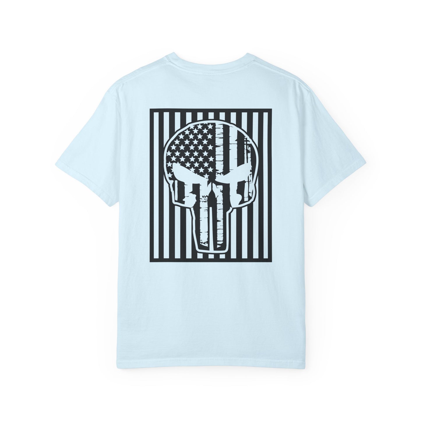 chambray t-shirt with white star and circle design on front, and Punisher skull design on back