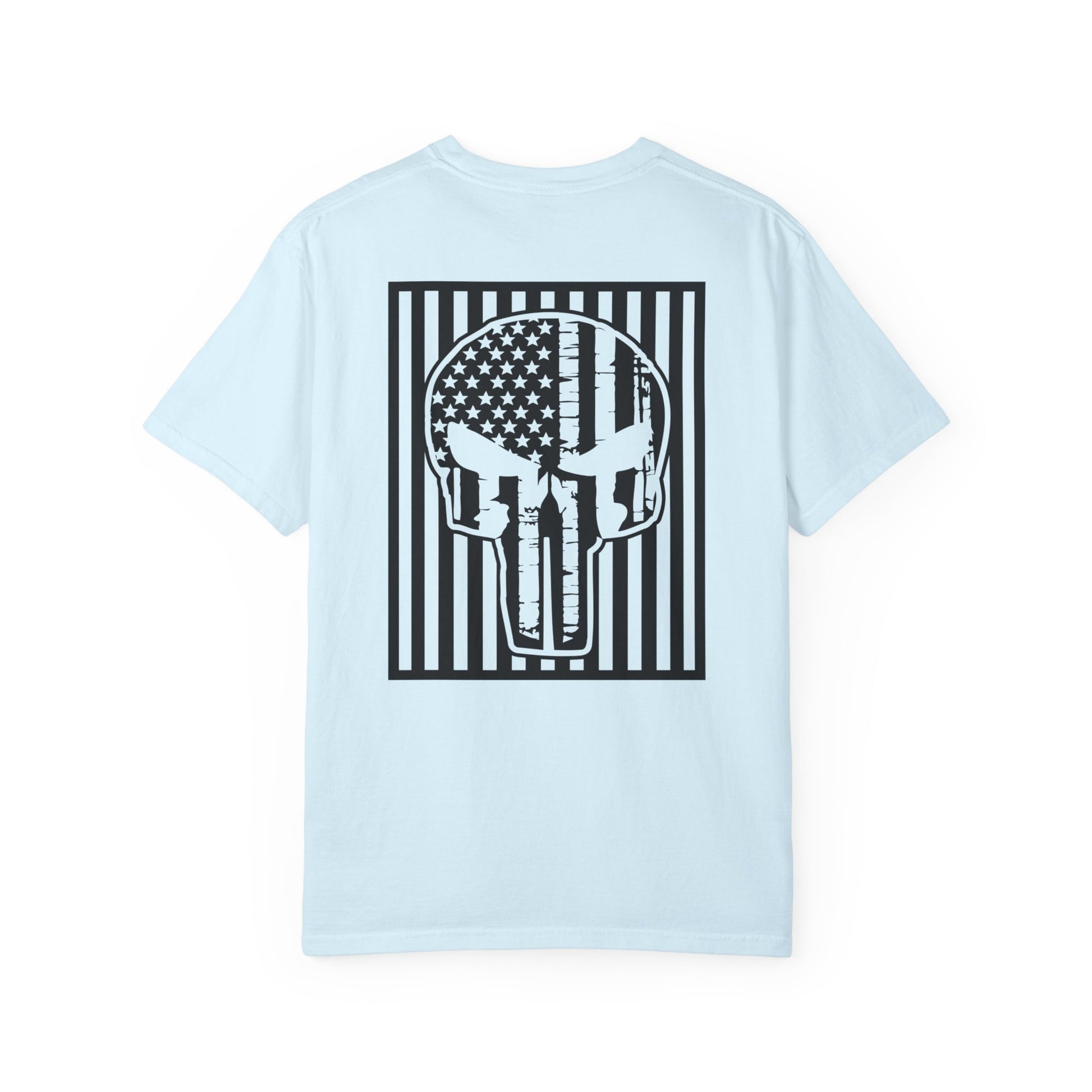 chambray t-shirt with white star and circle design on front, and Punisher skull design on back