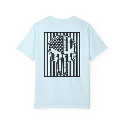 chambray t-shirt with white star and circle design on front, and Punisher skull design on back