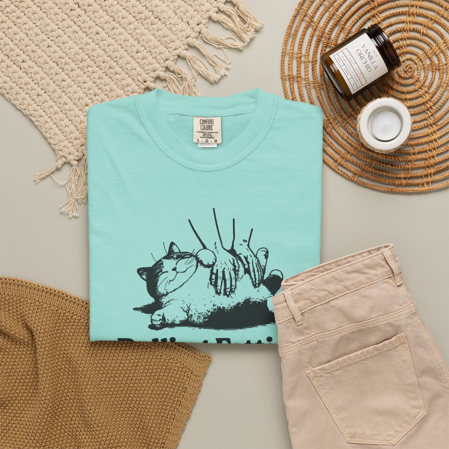 Rolling Fatties Funny Cat T-Shirt in Chalky Mint garment-dyed graphic tee for cat lovers