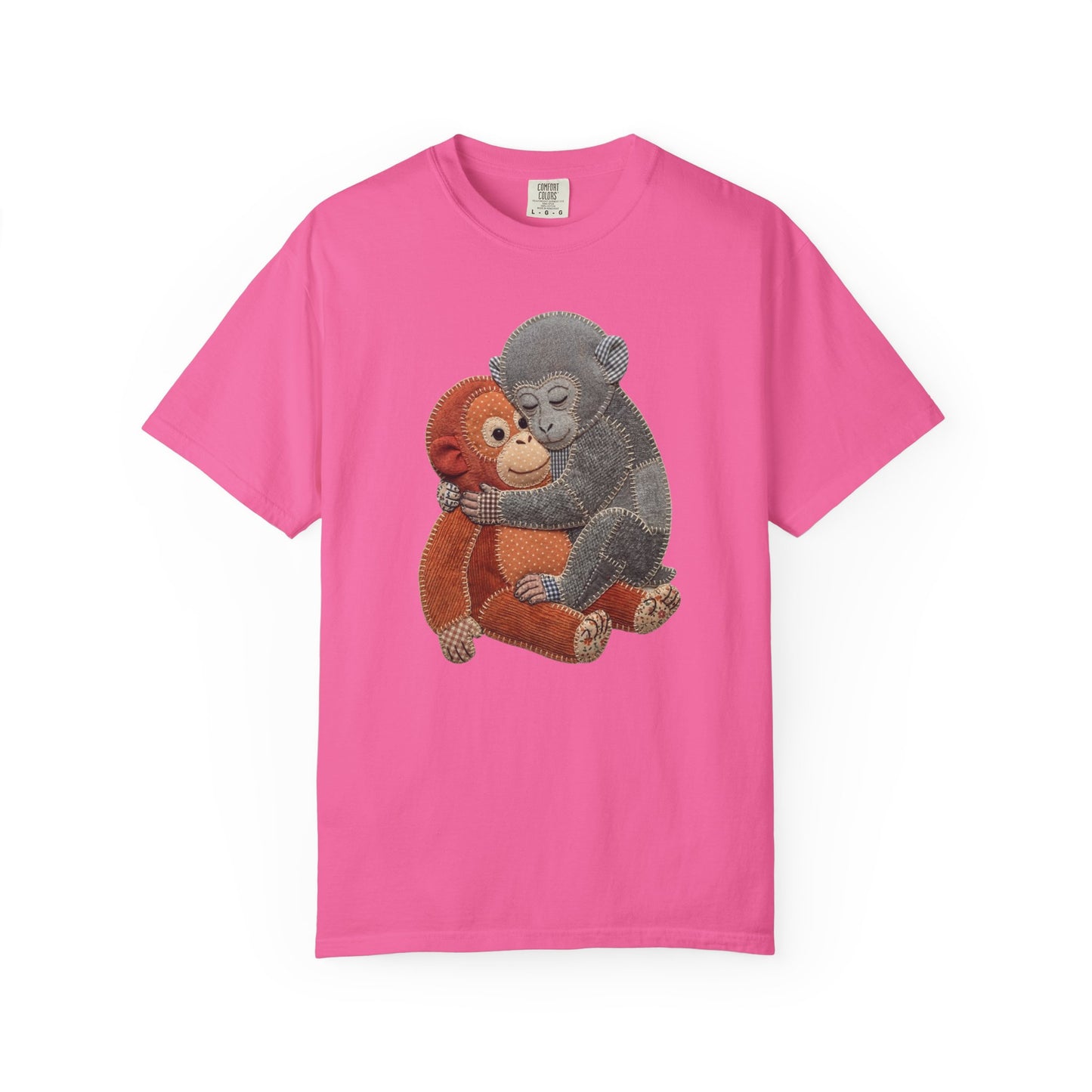 neon Pink t-shirt with monkey and teddy bear design on a white background