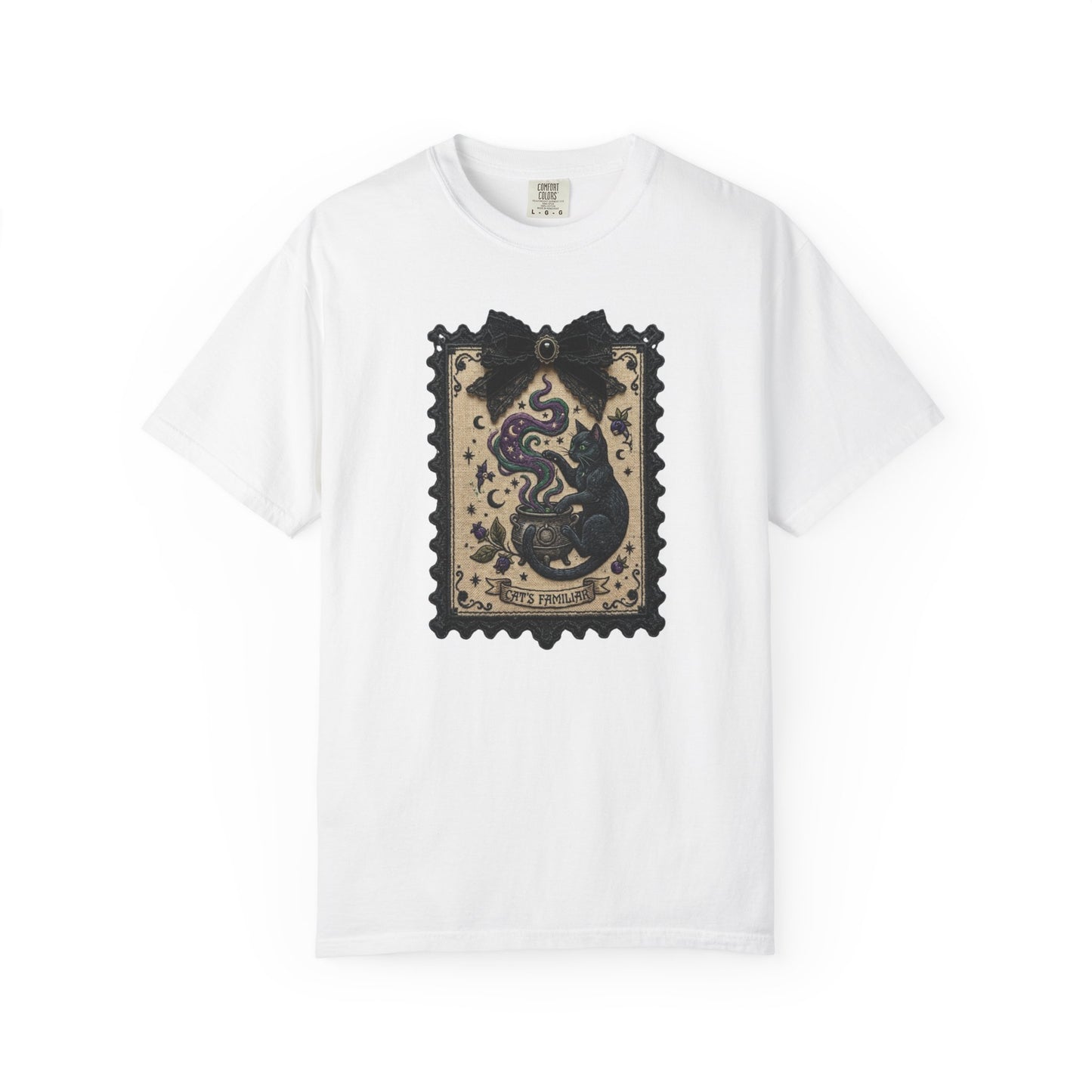 Vintage Black Cat Faux Tarot Stamp T-Shirt in White — faux tarot stamp print, soft garment dyed tee