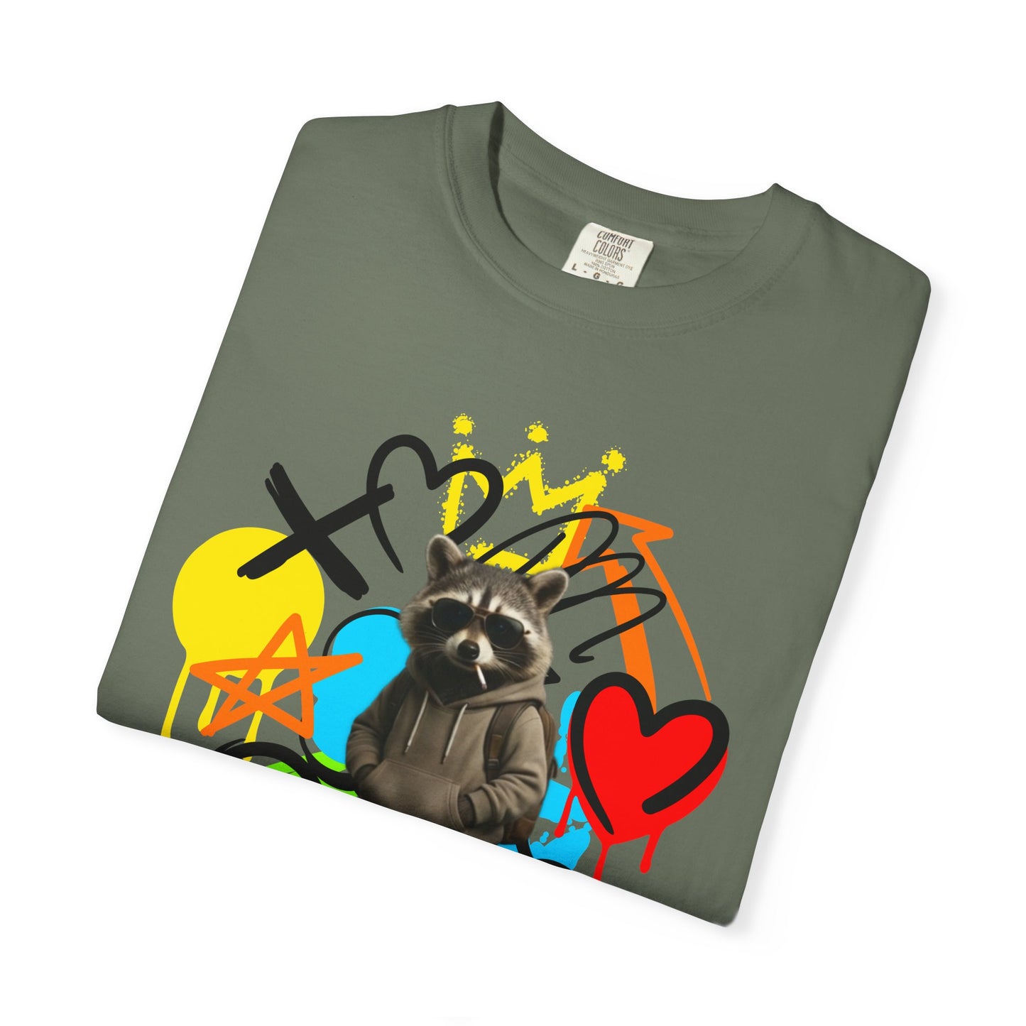 Graffiti Raccoon T-Shirt — Street Art Graphic Tee with Heart & Crown