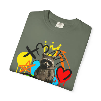 Graffiti Raccoon T-Shirt — Street Art Graphic Tee with Heart & Crown