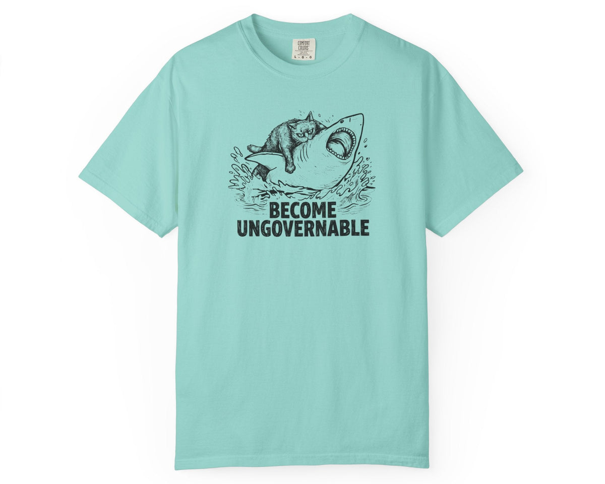 Chalky Mint t-shirt with a graphic of a cat on a Shark and the text 'BECOME UNGOVERNABLE'. 