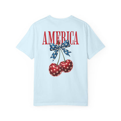 chambray  t-shirt with 'AMERICA' text and cherry design on a white background
