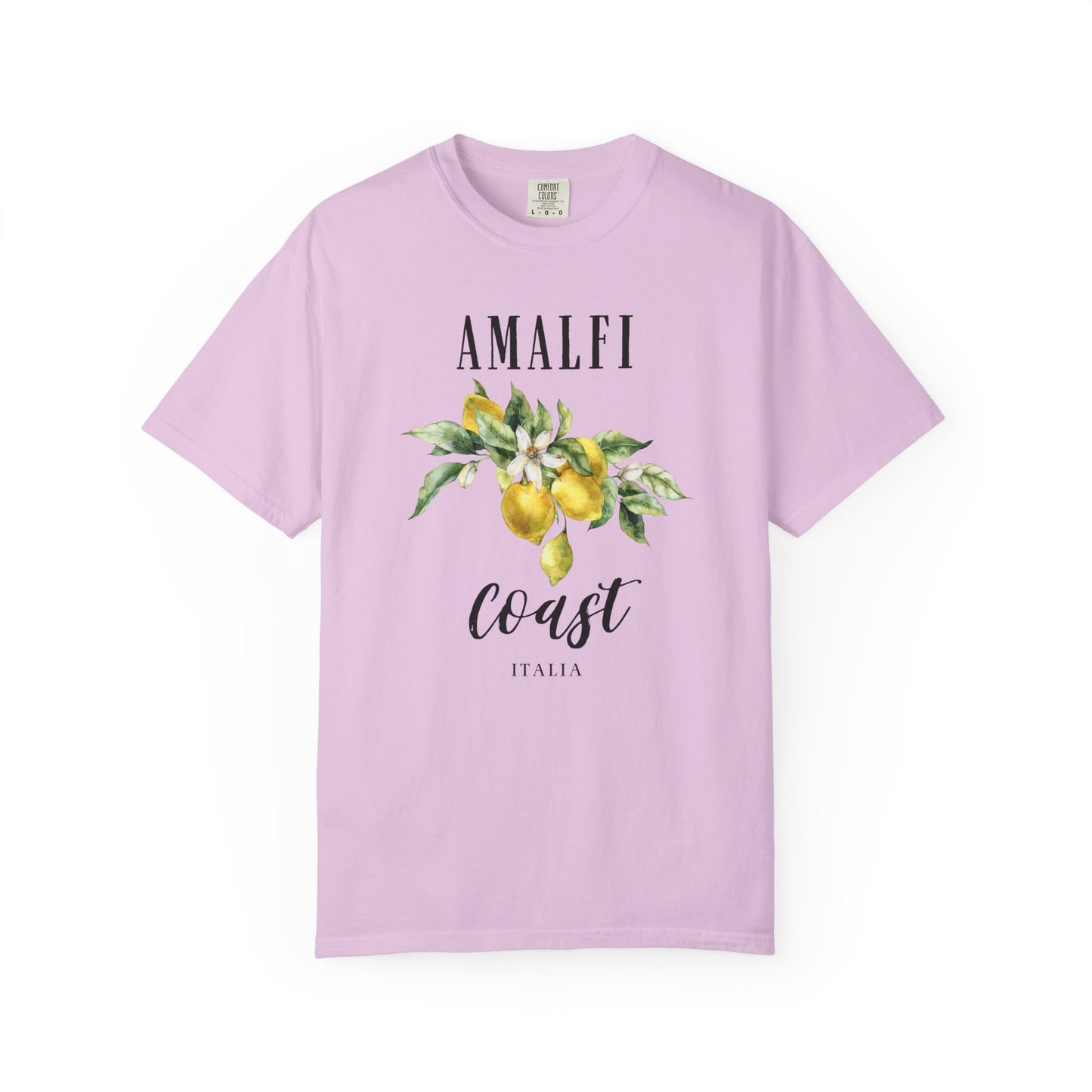 light pink t-shirt with 'Amalfi Coast Italia' design featuring lemons and leaves on a white background.