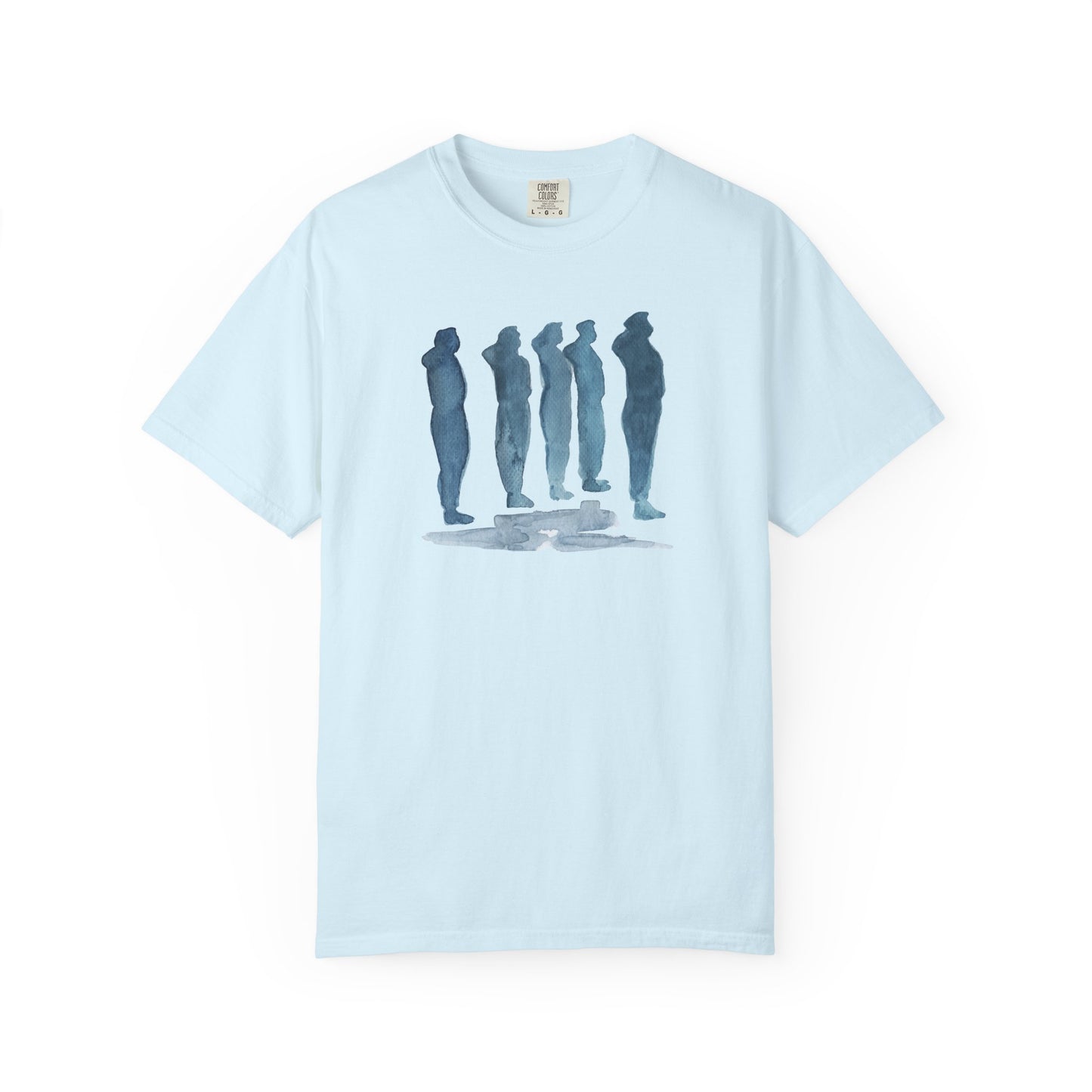 chambray t-shirt with blue graphic design  of soldiers and a flag on front and back 