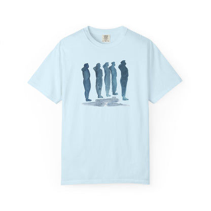 chambray t-shirt with blue graphic design  of soldiers and a flag on front and back 