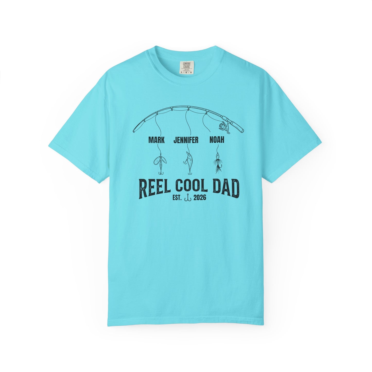 Lagoon blue t-shirt with fishing graphic and text on a white background