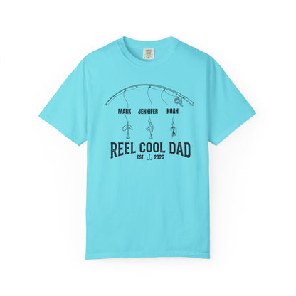 Lagoon blue t-shirt with fishing graphic and text on a white background