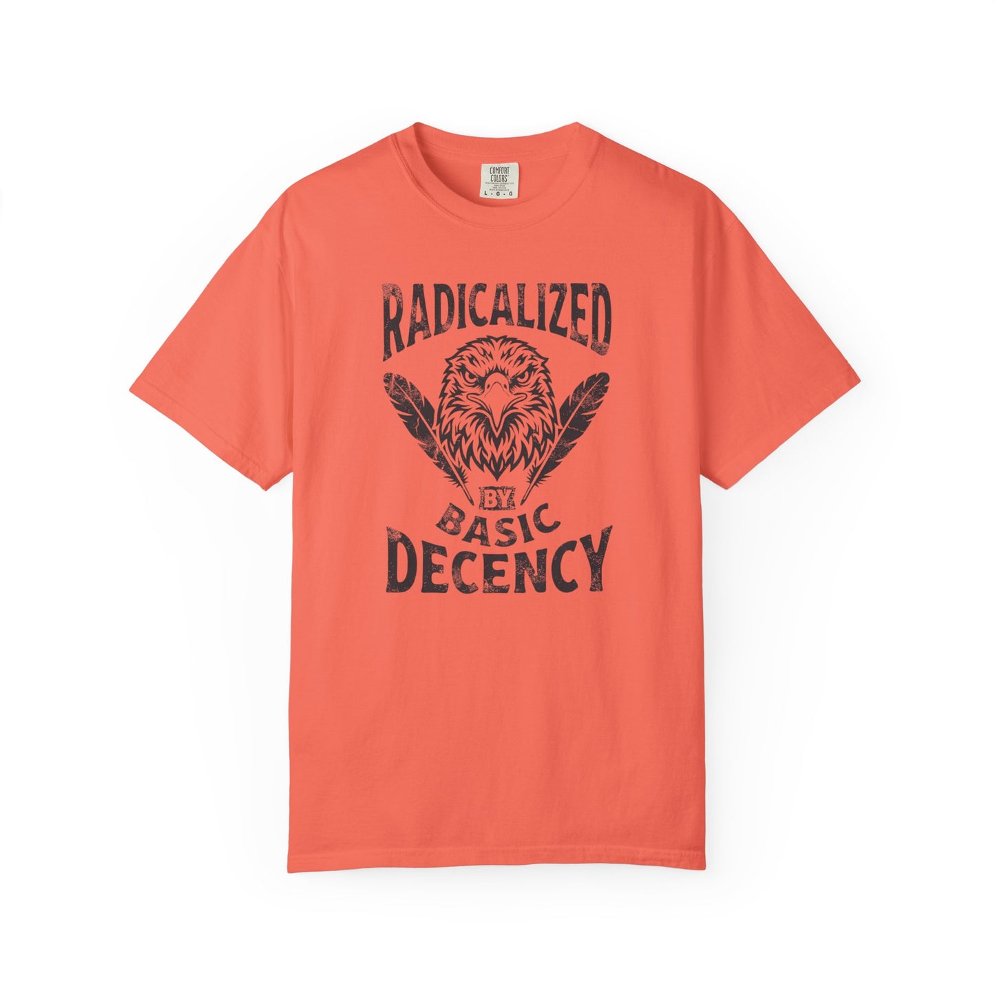 Radicalized by Basic Decency T-Shirt in Bright Salmon — vintage Americana eagle protest graphic tee, garment dyed