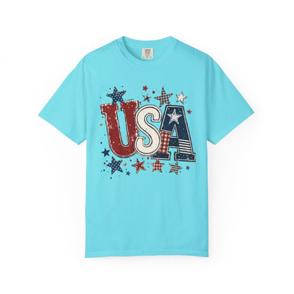 USA Patriotic graphic t-shirt in lagoon blue— garment-dyed unisex tee with distressed stars and stripes

