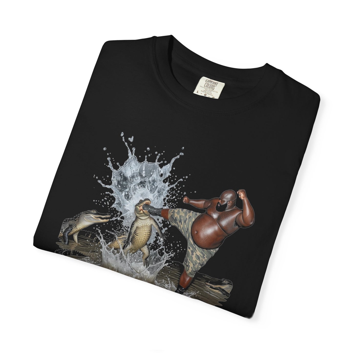 Black t-shirt with graphic design of one person wrestling alligators and text "mom, dad wrastling them gators again" 