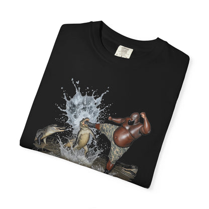 Black t-shirt with graphic design of one person wrestling alligators and text "mom, dad wrastling them gators again" 