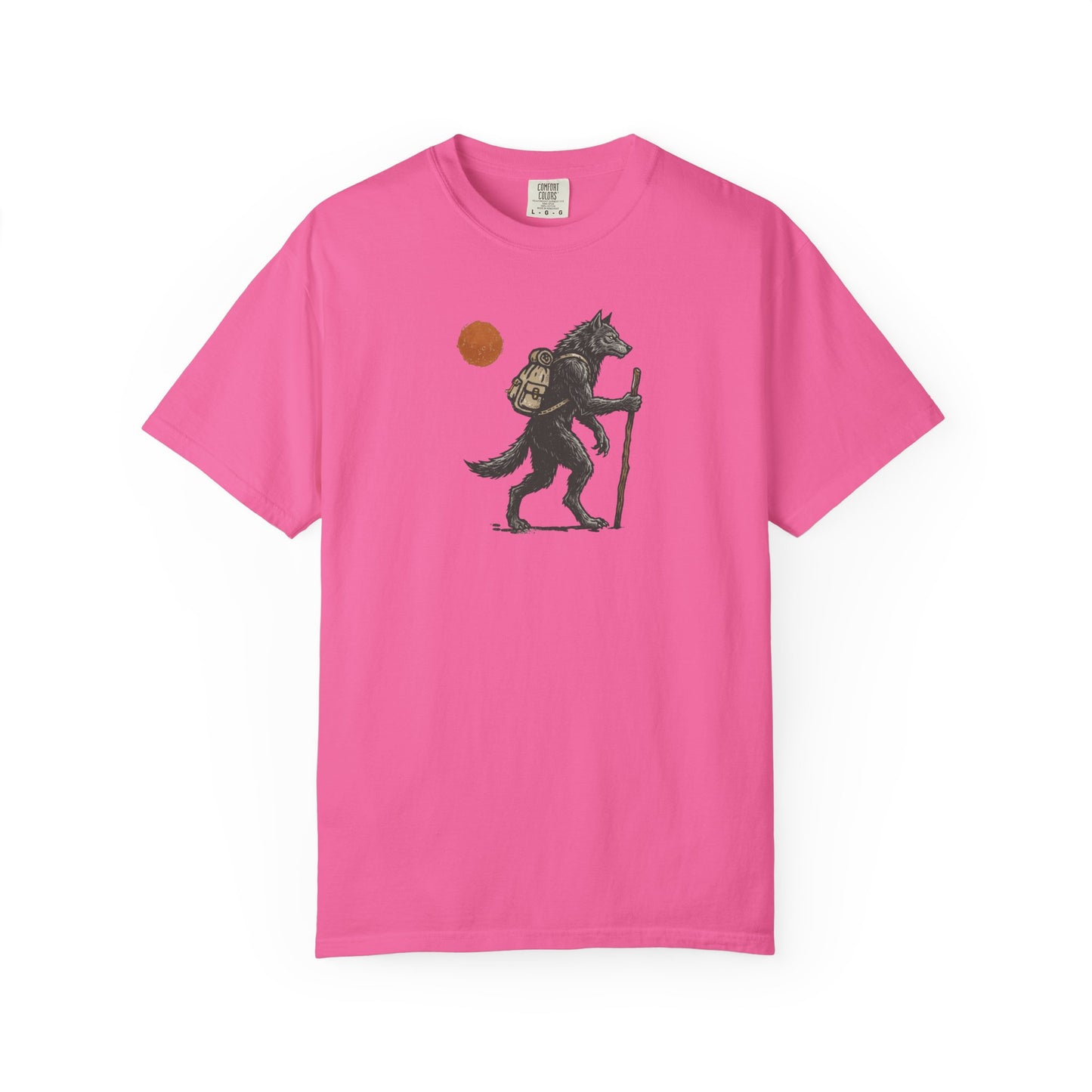 Hiking Wolf graphic t-shirt in Neon Pink — werewolf with backpack and walking stick print on garment-dyed heavyweight cotton tee.