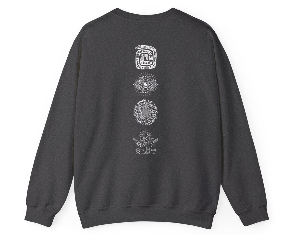 Midnight Margaritas crewneck sweatshirt in Heather Black — front cocktail graphic and occult cottagecore symbols on back, including COEXIST