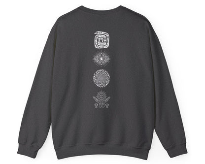 Midnight Margaritas crewneck sweatshirt in Heather Black — front cocktail graphic and occult cottagecore symbols on back, including COEXIST