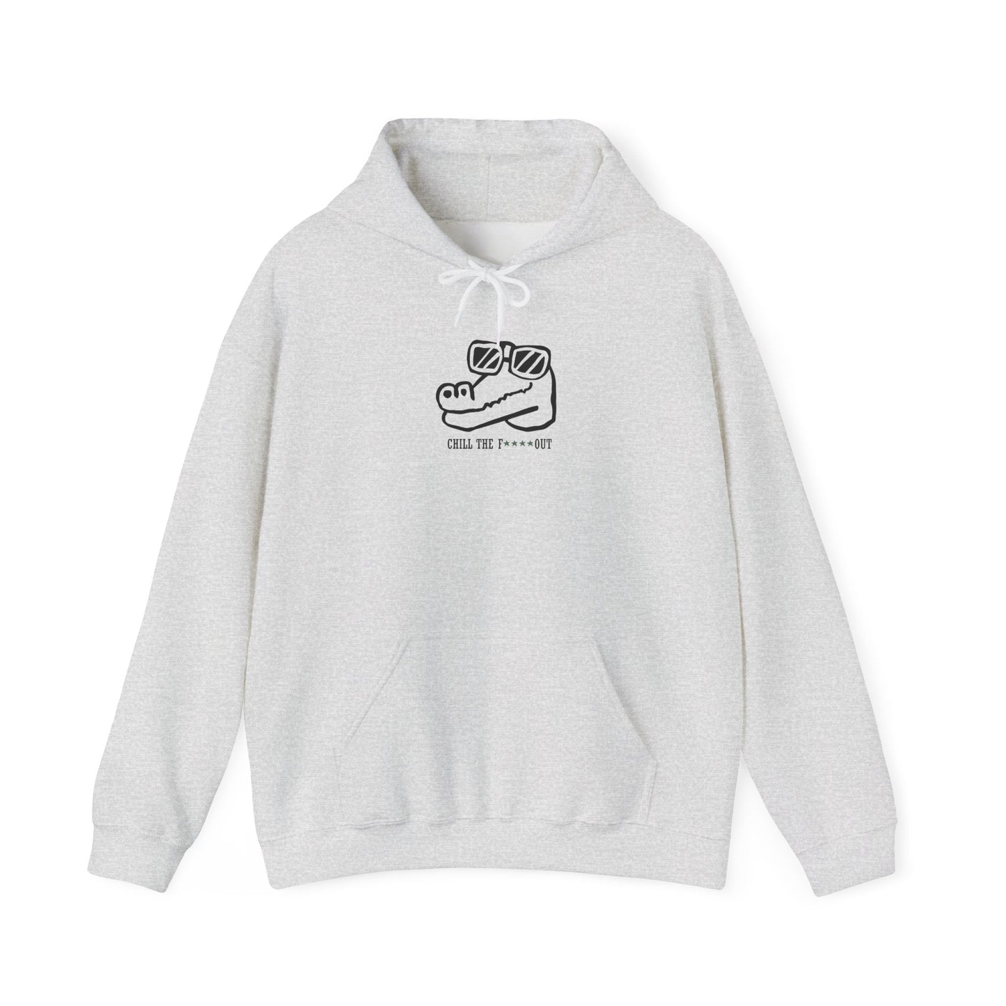 Gray hoodie with 'chill the f out ' text on a white background
