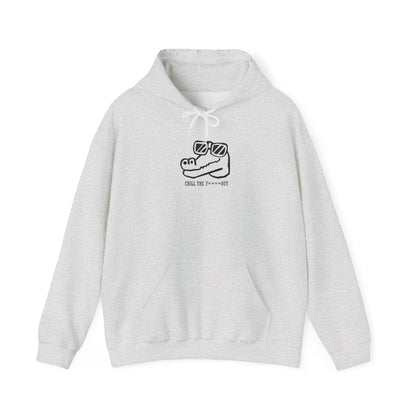 Gray hoodie with 'chill the f out ' text on a white background