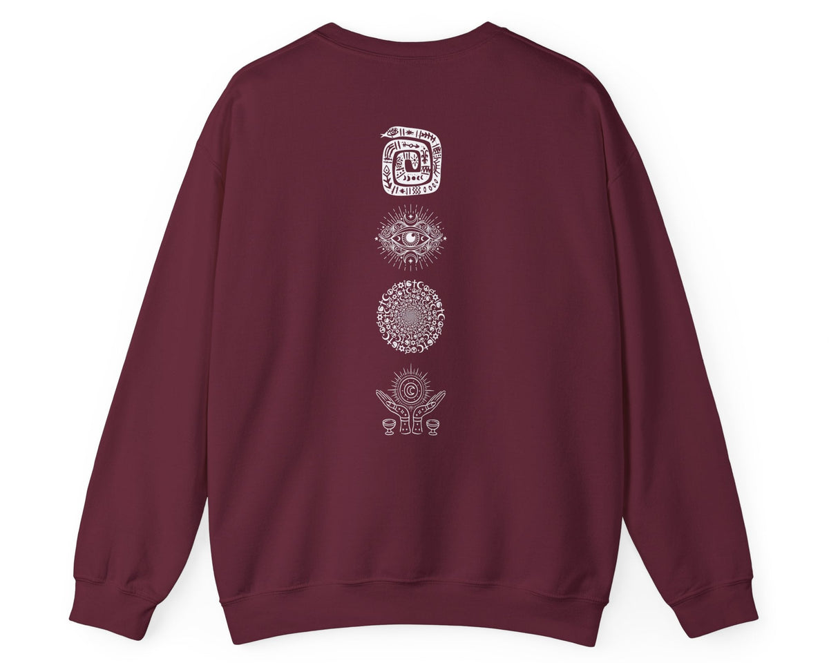 Midnight Margaritas crewneck sweatshirt in Maroon — front cocktail graphic and occult cottagecore symbols on back, including COEXIST