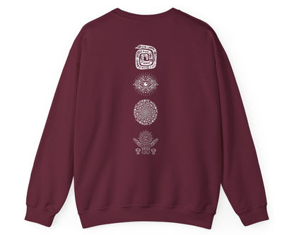 Midnight Margaritas crewneck sweatshirt in Maroon — front cocktail graphic and occult cottagecore symbols on back, including COEXIST