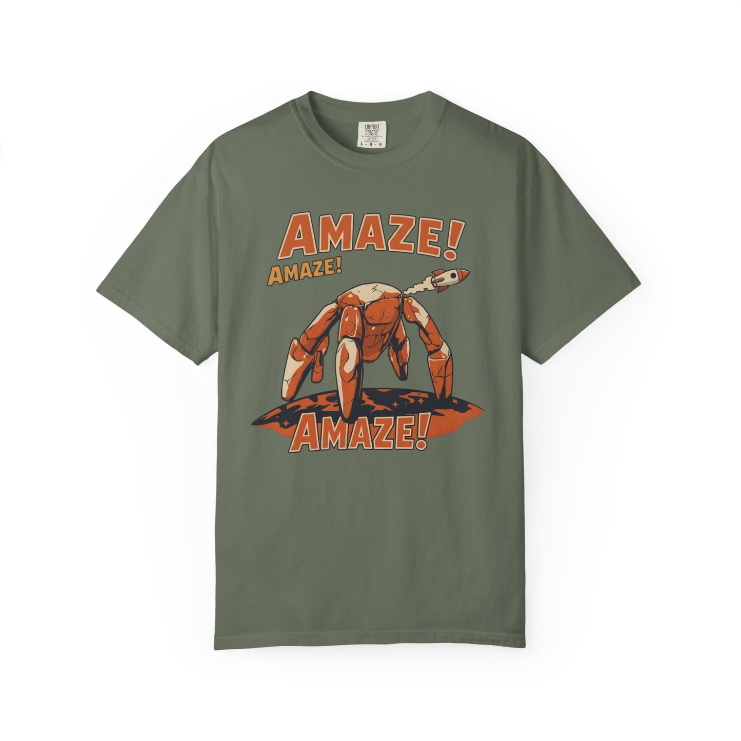 Amaze Rocky Comfort Colors Shirt in Moss – sci-fi graphic tee, soft garment-dyed unisex fit