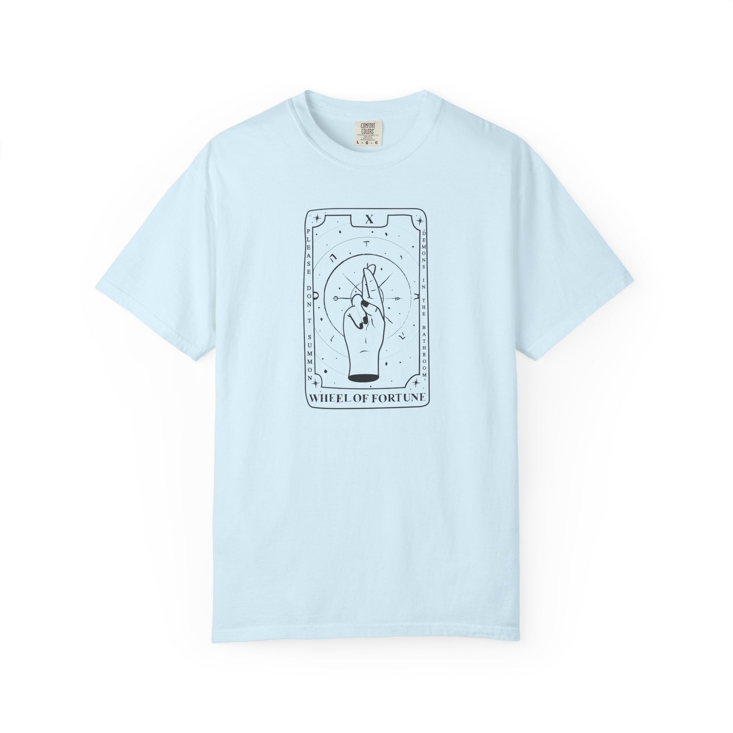 Wheel of Fortune Tarot T-Shirt Do Not Summon Demons in the Bathroom – Chambray