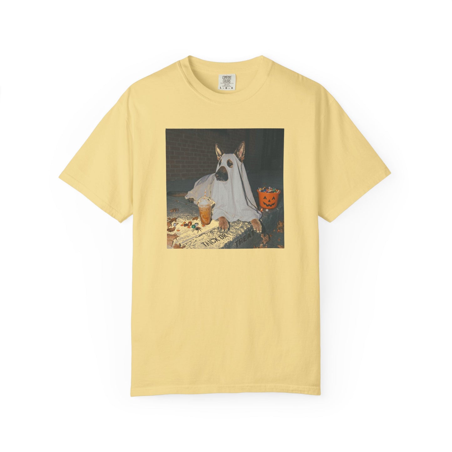 Butter garment-dyed t-shirt with German Shepherd in ghost costume jack-o'-lantern treat bucket — Halloween ghost dog tee by GodaStudio