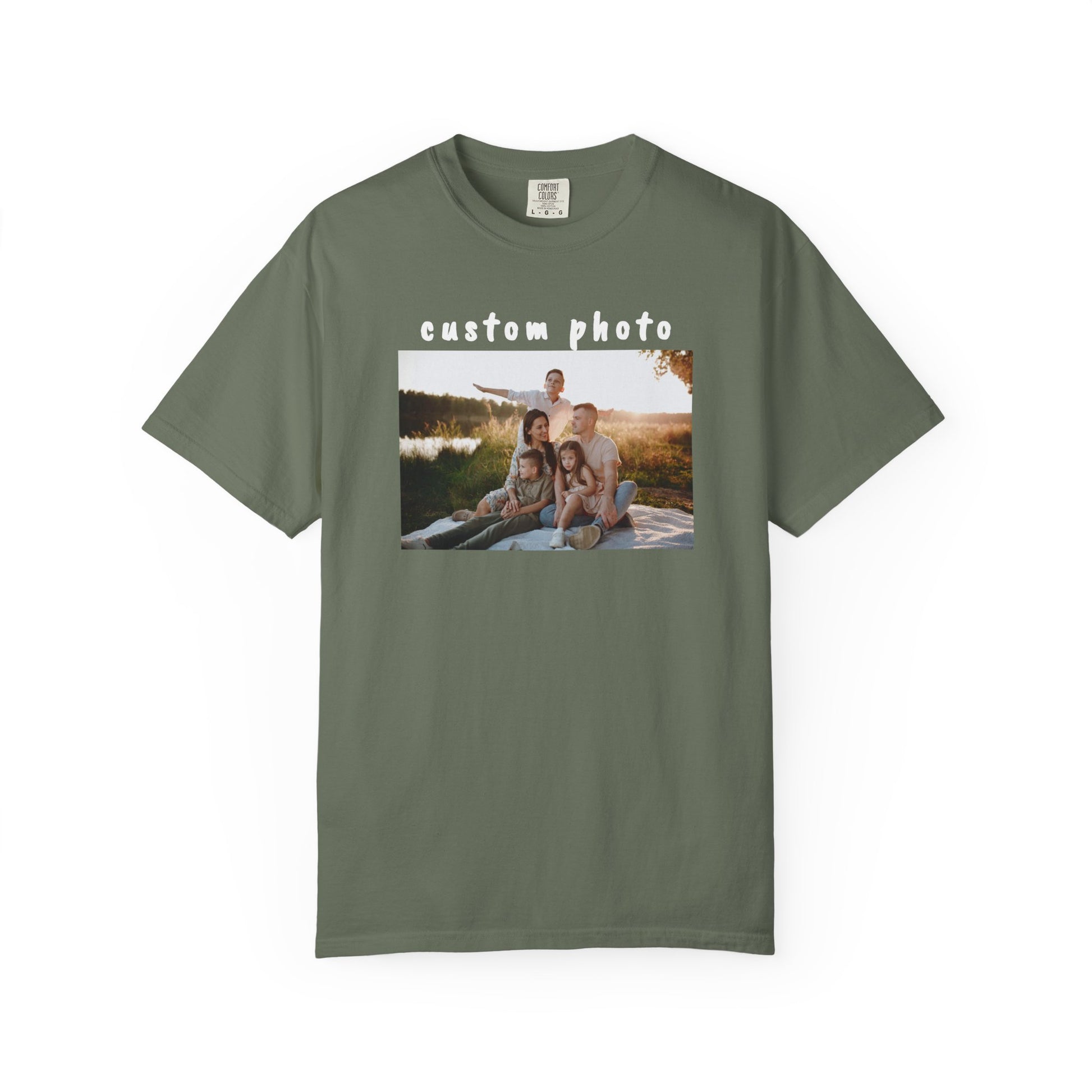 moss t-shirt with a printed family photo on a white background
