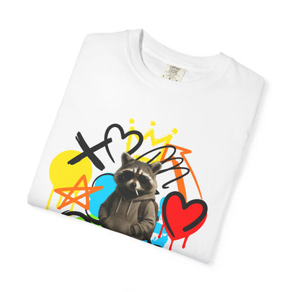Graffiti Raccoon T-Shirt — Street Art Graphic Tee with Heart & Crown