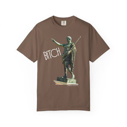 espresso t-shirt with a graphic of a statue pointing and the word 'Bitch' on a white background
