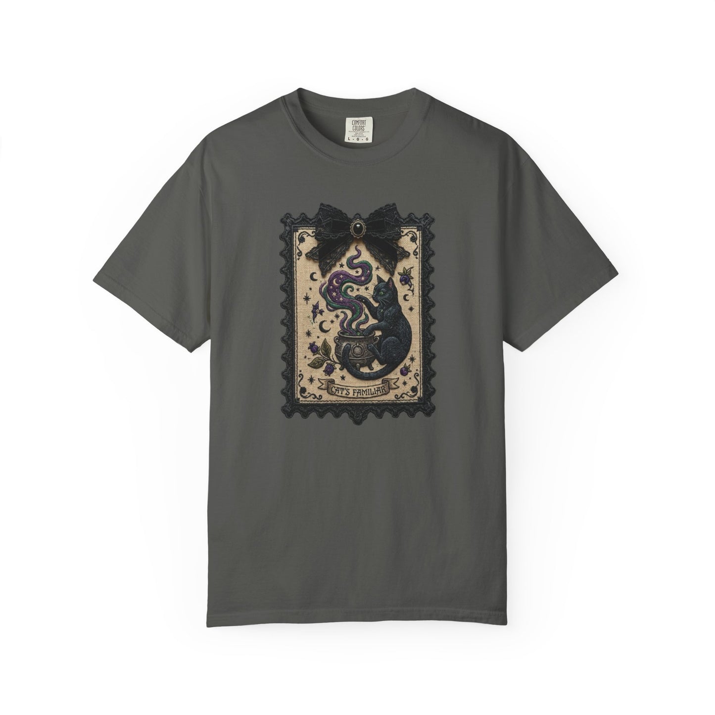 Vintage Black Cat Faux Tarot Stamp T-Shirt in Pepper — faux tarot stamp print, soft garment dyed tee