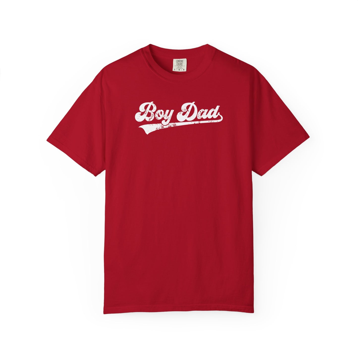 Red t-shirt with 'Boy Dad' text on a white background