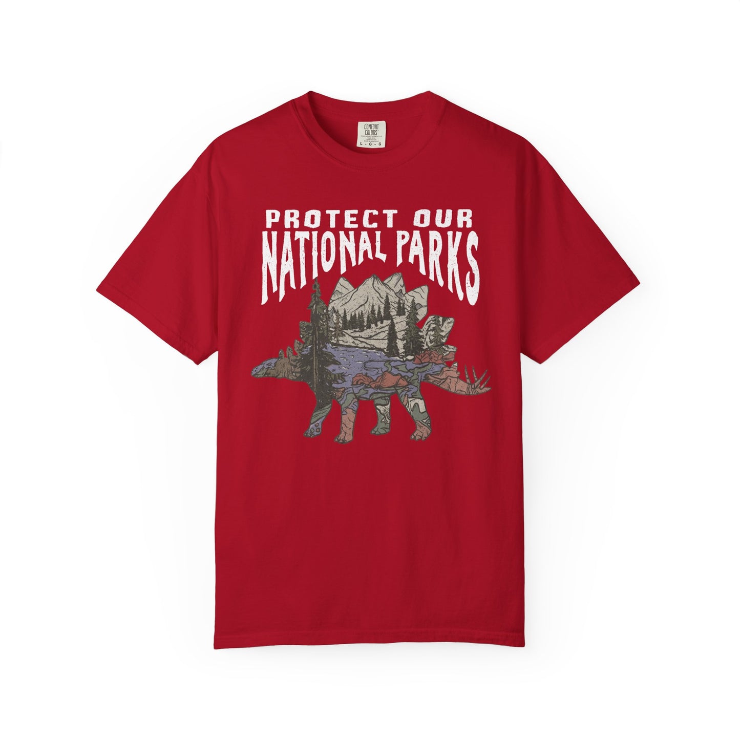 Protect Our National Parks garment-dyed t-shirt in Red — vintage stegosaurus graphic with mountain landscape fill"