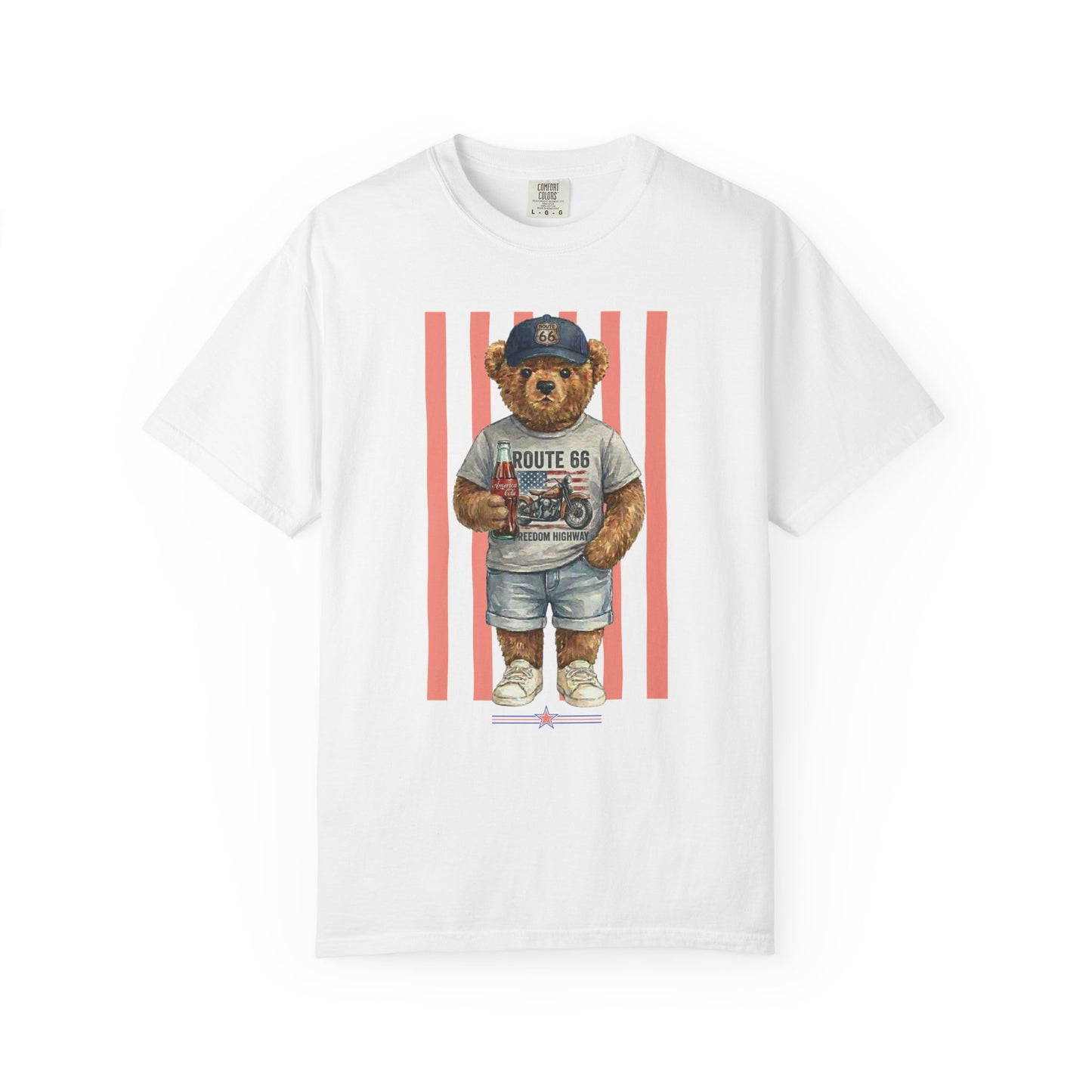 White t-shirt with a bear graphic holding a sign on a white background